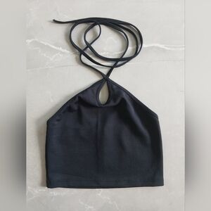Zara Black Halter Crop Top with Crisscross Neck Ties